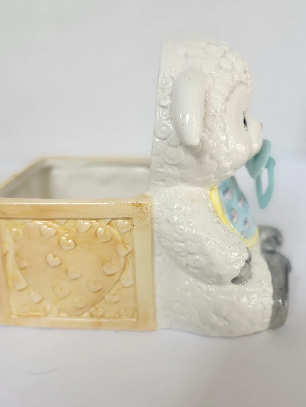 Vintage White Ceramic Lamb Planter with Blue Bib and Pacifier Baby Shower